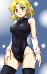  1girl arm_warmers bare_shoulders black_leotard black_thighhighs blonde_hair blush commentary_request covered_navel cowboy_shot d-m_(dii_emu) embarrassed green_eyes hand_on_own_leg highleg highleg_leotard highres leotard looking_at_viewer mizuhashi_parsee open_mouth pointy_ears short_hair sleeveless_turtleneck_leotard solo standing thighhighs touhou 