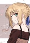  1girl ahoge artoria_pendragon_(fate) bare_shoulders blonde_hair blue_ribbon braid braided_bun brown_dress dress fate/hollow_ataraxia fate/stay_night fate_(series) green_eyes hair_bun hair_ribbon heart highres light_blush looking_to_the_side nozawa_noko off-shoulder_dress off_shoulder official_alternate_costume pinafore_dress ribbon saber single_hair_bun sleeveless sleeveless_dress smile solo star_(symbol) twitter_username upper_body 