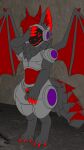  3d_background animal_genitalia anthro asphalt balls claws concrete_wall embarassment embarrassed embarrassed_nude_anthro embarrassed_nude_male fully_sheathed fur genitals grey_balls grey_body grey_fur hair hi_res horn horned_humanoid humanoid machine male metallic_body penis protogen protogen_visor red_body red_claws red_eyes red_fur red_hair red_horn red_penis red_stripes red_wings shaded sheath solo spread_wings stripes tail wall_(structure) wings 