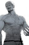  1boy abs absurdres bara biceps black_eyes blood blood_on_body blood_on_face fangs highres kengan_(series) kengan_ashura kure_raian kyowo_sukkesuke large_pectorals looking_at_viewer looking_down male_focus manly mature_male muscular muscular_male nipples open_mouth pants pectorals sharp_teeth shorts simple_background solo spiked_hair teeth thick_arms tongue tongue_out topless_male veins veiny_arms white_background 