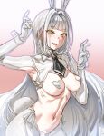  1girl animal_ears armpits ascot black_ascot blanc_(nikke) bow_(bhp) breasts chinese_commentary commentary_request fang gloves goddess_of_victory:_nikke gradient_background grey_hair hands_up heart_pasties long_hair looking_at_viewer medium_breasts meme_attire navel open_mouth pasties rabbit_ears rabbit_tail red_background reverse_bunnysuit reverse_outfit revision skin_fang solo stomach tail very_long_hair white_gloves yellow_eyes 