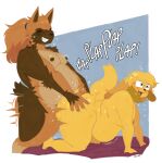  anal anal_penetration anthro anthro_on_anthro anthro_penetrated anthro_penetrating anthro_penetrating_anthro bedroom_eyes big_butt blonde_hair blush bodily_fluids bottom_heavy brown_body brown_fur butt butt_grab canid canine canis cheek_tuft chubby_anthro chubby_male doggystyle domestic_dog dot_eyes duo english_text eyes_rolling_back facial_tuft fangs floppy_ears from_behind_position fur girly goldie_(thepinkjay5) grin hair half-closed_eyes hand_on_butt hi_res huge_butt long_hair looking_pleasured love_handles male male/male male_penetrated male_penetrating male_penetrating_male mammal mischief_(thepinkjay5) moobs motion_lines narrowed_eyes open_mouth open_smile overweight pear-shaped_figure penetration ponytail roly seductive sex sharp_teeth simple_background slightly_chubby smile sound_effects sweat sweatdrop tan_body tan_fur teeth text thick_thighs trans_(lore) trans_woman_(lore) tuft wide_hips yellow_body yellow_fur 