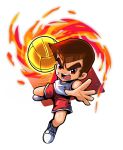  1boy ball bandaid brown_eyes brown_hair chibi dodgeball highres holding incoming_attack kunio-kun kunio-kun_series looking_at_viewer male_focus nekketsu_koukou_dodgeball_bu open_mouth red_shorts sakurajyousui_nami shorts solo teeth white_background 