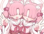  2girls :d animal_ear_fluff animal_ears blue_archive blush cat_ears cat_girl cat_tail character_request commentary_request facing_viewer fang hair_bobbles hair_ornament hair_over_eyes halo highres long_sleeves multiple_girls naga_u neckerchief obi one_side_up pink_hair pink_shirt red_neckerchief sash shirt simple_background smile tail v white_background white_shirt wide_sleeves 
