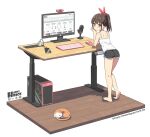  1girl ass barefoot black_shorts blush breasts brown_eyes brown_hair camisole cellphone charger closed_mouth computer computer_tower desk hair_ribbon hatsunatsu keyboard_(computer) looking_at_viewer looking_back microphone monitor mouse_(computer) original phone ponytail red_ribbon ribbon short_shorts shorts simple_background small_breasts smile soles solo standing watermark web_address webcam white_background white_camisole wooden_floor 