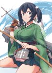  1girl archery arrow_(projectile) blue_eyes blue_hair blue_hakama blue_skirt bow_(weapon) breasts commentary flight_deck green_hakama green_kimono hair_ribbon hakama hakama_skirt headband highres holding holding_bow_(weapon) holding_weapon japanese_clothes kantai_collection kimono kyuudou large_breasts looking_at_viewer minosu quiver ribbon skirt smile solo souryuu_(kancolle) souryuu_kai_ni_(kancolle) twintails weapon white_ribbon wide_sleeves 