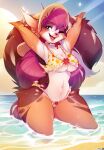  anthro beach bikini blue_eyes breasts brown_body brown_fur clothing female fluffy fluffy_tail fur hair hands_behind_head hat headgear headwear hi_res mammal one_eye_closed open_mouth pink_hair seaside solo spirale swimwear tail water 