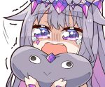  1girl :&gt; close-up crying crying_with_eyes_open face_jewel gem hair_flaps hand_jewel highres hololive hololive_english hugging_object koseki_bijou kukie-nyan long_hair open_mouth pebble_(koseki_bijou) purple_eyes purple_hair shaded_face sidelocks simple_background solo tears teeth tiara trembling upper_teeth_only white_background 