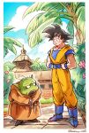  2boys black_eyes black_hair boots cloud crossover dougi dragon_ball dragon_ball_z dragon_quest dragon_quest_viii full_body highres looking_at_another multiple_boys muscular muscular_male open_mouth palm_tree short_hair son_goku spiked_hair tree trode wakana_0125 