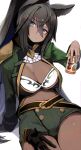  1girl animal_ears black_bra black_gloves black_hair blue_eyes bra breasts can cleavage cowboy_shot dark-skinned_female dark_skin gloves gloves_removed green_jacket green_shorts hair_between_eyes highres holding holding_can horse_ears horse_girl jacket large_breasts long_hair looking_at_viewer midriff navel open_clothes open_jacket ponytail shorts simple_background solo symboli_kris_s_(umamusume) tamukoro thighs umamusume underwear white_background 