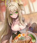  1girl absurdres blue_archive blush breasts chopsticks cleavage closed_mouth collarbone cosplay dongtan_lady_(k_pring) dongtan_lady_(k_pring)_(cosplay) dress food green_eyes green_halo grey_dress hair_between_eyes halo highres holding holding_chopsticks hovaku large_breasts light_brown_hair long_hair long_sleeves nonomi_(blue_archive) noodles ramen smile solo 