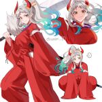  1girl archived_source bad_id bad_twitter_id blue_hair commentary cosplay earrings floating_hair green_hair hair_ornament high_ponytail holding holding_sword holding_weapon horns inuyasha inuyasha_(character) inuyasha_(character)_(cosplay) jewelry joman korean_commentary looking_at_viewer multicolored_hair multiple_views necklace one_piece ponytail profile red_horns short_bangs sidelocks smile solo squatting standing sword weapon white_hair yamato_(one_piece) yellow_eyes 