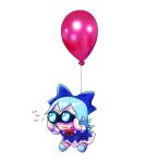 1girl balloon binoculars blue_bow blue_dress blue_hair bow chibi cirno commentary dress english_commentary fumo_(doll) hair_bow highres holding holding_binoculars ice ice_wings skullchimes smile solo touhou v-shaped_eyebrows watermark wings 