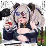  1girl anger_vein animal_ears arknights beer_bottle black_gloves black_jacket blush bottle breasts china_dress chinese_clothes chopsticks cleavage cleavage_cutout clothing_cutout cup dress drinking_glass drunk eyewear_on_head fang feater_(arknights) gloves grey_hair highres holding holding_bottle jacket large_breasts ohichi16 panda_ears skin_fang sunglasses twintails white_background 