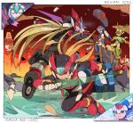  2girls 6+boys armor bendedede blonde_hair broken_armor brown_sky bruise clenched_teeth crack dark_elf_(mega_man) debris digital_dissolve doppelganger dr._weil_(mega_man) dual_persona evil_grin evil_smile fefnir_(mega_man) fiery_background fighting fire forehead_jewel glowing_jewelry green_eyes grin harpuia_(mega_man) helmet highres holding holding_lightsaber holding_sword holding_weapon injury leaning_forward leviathan_(mega_man) long_hair mega_man_x_(character) mega_man_zero_3 multiple_boys multiple_girls omega_(mega_man) orange_clouds red_armor red_eyes red_footwear smile sword sword_fight teeth very_long_hair weapon z_saber zero_(mega_man) 