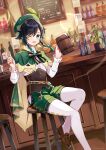  1boy androgynous bar_(place) beer_mug beret black_hair blue_hair blurry blurry_background blush bottle bow braid brooch cape collared_cape collared_shirt commentary_request corset cup diamond_(shape) dutch_angle frilled_sleeves frills fukaya_miku gem genshin_impact gradient_hair green_cape green_eyes green_headwear green_shorts hat highres holding holding_cup jewelry leaf long_sleeves looking_at_viewer male_focus mug multicolored_hair one_eye_closed open_mouth pantyhose pinwheel shirt shoes short_hair_with_long_locks shorts side_braids sidelocks sitting smile solo sparkle twin_braids venti_(genshin_impact) vision_(genshin_impact) white_pantyhose white_shirt wine_bottle wooden_chair 