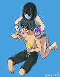  1boy 1girl bikini black_hair blue_background blue_eyes breasts couple eating food glasses green_hair gridman_universe gridman_universe_(film) hassu hetero ice_cream mask mouth_mask multicolored_hair official_alternate_costume open_mouth pisto1star short_hair simple_background ssss.gridman surgical_mask swimsuit utsumi_shou 