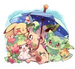  :3 =_= blue_eyes brown_eyes chestnut_mouth closed_eyes closed_mouth flower galvantula green_eyes holding holding_umbrella leafeon open_mouth pikachu pokemon pokemon_(creature) rain red_eyes shaymin shaymin_(land) sitting smile sprigatito star_(symbol) teruterubouzu umbrella yupo_0322 