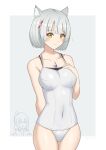  1girl absurdres alternate_costume animal_ears blood blush breasts cat_ears chest_jewel commentary_request covered_navel highres looking_at_viewer medium_breasts mio_(xenoblade) nervous noah_(xenoblade) nosebleed one-piece_swimsuit ryochan96154 short_hair simple_background swimsuit white_hair xenoblade_chronicles_(series) xenoblade_chronicles_3 yellow_eyes 