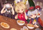  3girls animal_ears bad_anatomy bad_proportions black_dress black_hair black_wings blonde_hair blue_ribbon bowl china_dress chinese_clothes chopsticks dragon_horns dress dumpling eating feathered_wings food grey_hair highres holding holding_bowl holding_chopsticks horn_ornament horn_ribbon horns horse_ears jiaozi kicchou_yachie kurokoma_saki multiple_girls noodles open_mouth orange_eyes pegasus_wings pointy_ears ramen red_dress red_eyes red_horns ribbon rogichange sharp_teeth sheep_horns short_hair smile teeth touhou touhou_lost_word toutetsu_yuuma wings yellow_horns 