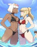  1boy abs absurdres animal_ears bare_shoulders bikini black_bikini blonde_hair blue_eyes blue_sky braid breasts caenis_(fate) caenis_(swimsuit_rider)_(fate) caenis_(swimsuit_rider)_(first_ascension)_(fate) cleavage collarbone dark-skinned_female dark_skin fate/grand_order fate_(series) french_braid fujimaru_ritsuka_(male) goggles green_eyes hairband highres hyperbudd large_breasts long_hair mordred_(fate) mordred_(swimsuit_rider)_(fate) mordred_(swimsuit_rider)_(first_ascension)_(fate) navel parted_bangs ponytail sidelocks sky small_breasts swimsuit thighs very_long_hair wading water white_hair 