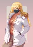  1girl abs becky_montanari blonde_hair breasts dark_skin earrings fur-trimmed_jacket fur_trim ge_xi hair_between_eyes hand_in_pocket highres jacket jewelry large_breasts long_hair long_sleeves looking_at_viewer mask mouth_mask muscular muscular_female navel open_clothes open_jacket white_jacket witches_in_7th_base 