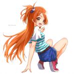  1girl arm_support blush breasts denim denim_shorts full_body gomasho_asuka idolmaster idolmaster_million_live! long_hair looking_at_viewer looking_back ogami_tamaki one_side_up orange_hair shirt shorts simple_background small_breasts smile solo striped striped_shirt tiptoes very_long_hair white_background 