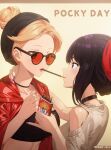  2girls absurdres black_choker black_hair brown_sweater choker commentary_request edgar_syu food hair_bun highres holding holding_food holding_pocky imminent_kiss inoue_takina jacket looking_at_another lycoris_recoil multiple_girls nishikigi_chisato pocky pocky_day pocky_kiss purple_eyes purple_nails pursed_lips red-tinted_eyewear red_eyes red_jacket red_nails short_hair sleeveless sleeveless_sweater sweater tinted_eyewear yuri 