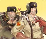  2boys animal_on_shoulder bara cat cat_on_shoulder character_request dog_on_shoulder glasses gloves grin heart heart_hands ina_zuma looking_at_viewer male_focus mature_male medic_(tf2) military_jacket military_uniform mini_person miniboy multiple_boys muscular muscular_male red_gloves round_eyewear shell_casing smile soldier_(tf2) suspenders team_fortress_2 thick_eyebrows uniform upper_body 