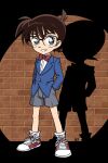  1boy blue_eyes blue_jacket bow bowtie brick_wall brown_hair collared_shirt commentary_request dress_shirt drop_shadow edogawa_conan full_body glasses grey_shorts grin hair_between_eyes hand_in_pocket highres jacket long_sleeves looking_at_viewer male_focus meitantei_conan muu_(mumumer) red_bow red_bowtie red_footwear shadow shirt shoes shorts smile socks solo standing white_shirt white_socks 