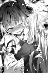  2girls absurdres ahoge amatsu_karla blood blush closed_eyes greyscale hair_ornament hand_on_another&#039;s_back hand_on_another&#039;s_shoulder highres hikikomari_kyuuketsuki_no_monmon hug long_hair md5_mismatch military military_uniform monochrome multiple_girls novel_illustration official_art one_eye_closed open_mouth resolution_mismatch riichu source_smaller terakomari_gandezblood tongue tongue_out uniform yuri 