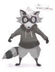  2022 anthro better_version_at_source biped black_body black_clothing black_feet black_fur black_hands black_hoodie black_nose black_topwear clothing colored_sketch english_text female fur grey_body grey_fur hair hi_res hoodie looking_at_viewer mammal meme_pose procyonid raccoon raccoon_tail shaded simple_background simple_shading sketch solo spycyshark standing susan_(wolfnes) text third-party_edit topwear white_background white_hair yellow_eyes 