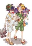  2boys aipom bag blush bracelet brown_hair candy_apple character_mask closed_mouth commentary_request crossed_bangs florian_(pokemon) food green_shirt green_shorts hair_between_eyes highres holding jewelry kieran_(pokemon) knees male_focus mask mask_on_head meno_oku multiple_boys pokemon pokemon_(game) pokemon_sv poochyena sandals shirt shopping_bag short_hair short_sleeves shorts standing strap toes tongue tongue_out topknot toy_sword 