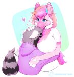  &lt;3 4_fingers anthro bananasyrup_cat big_breasts black_body black_fur blue_eyes blue_horn breasts clothing cringulitta dragon duo embrace face_between_breasts featureless_breasts female fingers fur grey_body grey_fur hair hi_res horn hug male mammal multicolored_hair pink_body pink_clothing pink_ears pink_hair pink_inner_ear procyonid raccoon romantic romantic_couple short_hair simple_background tail tail_motion tailwag white_body white_ears 