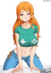  1girl :q absurdres artist_name blue_pants breasts brown_eyes closed_mouth collarbone controller crop_top denim elpipe_3000 game_controller game_controller_print green_shirt highres jeans kneeling large_breasts long_hair looking_at_viewer midriff nami_(one_piece) navel one_piece orange_hair pants print_shirt shirt short_sleeves shoulder_tattoo simple_background solo stomach tattoo tongue tongue_out white_background 