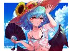  1girl bat_wings bikini black_bikini blue_hair blue_sky brown_headwear cloud commentary_request flat_chest flower fub_(fubimanji) hand_fan hat hat_flower highres holding holding_fan looking_at_viewer navel outdoors parted_lips red_eyes red_nails remilia_scarlet see-through see-through_shirt short_hair sky solo straw_hat sunflower swimsuit touhou upper_body wings 