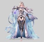  1girl armor black_leotard breasts cape cleavage corrin_(female)_(fire_emblem) corrin_(fire_emblem) crown dress essual_(layer_world) fire_emblem fire_emblem_fates fire_emblem_heroes frills full_body gloves hair_between_eyes hair_ornament jewelry leotard long_dress long_hair looking_at_viewer official_alternate_costume official_art pointy_ears queen red_eyes see-through shoulder_armor solo tiara white_hair 