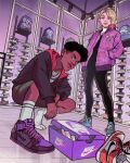  1boy 1girl backpack bag black_hair blonde_hair blue_eyes brown_eyes dark-skinned_male dark_skin gabriel_picolo gwen_stacy hands_in_pockets highres long_sleeves looking_at_viewer marvel miles_morales nike shoelaces shoes short_hair smile sneakers socks spider-gwen spider-man:_across_the_spider-verse spider-man_(series) white_socks 