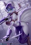  2023 alopex anthro arctic_fox arm_wraps armor bottomwear breasts canid canine chest_wraps clothing dual_wielding eyelashes facial_markings female fox fur gauntlets gloves handwear head_markings headgear headwear hi_res holding_object holding_sword holding_weapon inner_ear_fluff looking_at_viewer mammal markings mask_(marking) melee_weapon midriff pakwan008 purple_clothing solo sword teenage_mutant_ninja_turtles text tuft url weapon white_body white_fur wraps yellow_eyes 