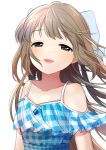  1girl bare_shoulders blue_dress blue_ribbon blush bow brown_eyes brown_hair clothing_cutout collarbone dot_nose dress flat_chest frilled_dress frills hair_bow hair_ribbon idolmaster idolmaster_cinderella_girls idolmaster_cinderella_girls_starlight_stage long_hair looking_at_viewer oonishi_nishio open_mouth plaid plaid_dress ribbon short_sleeves shoulder_cutout simple_background smile solo upper_body very_long_hair white_background yorita_yoshino 