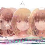  3girls album_cover blonde_hair blurry brown_eyes brown_hair closed_mouth collarbone commentary_request cover diao_ye_zong expressionless glitch hanada_hyou implied_nudity long_hair lowres maribel_hearn medium_hair multiple_girls straight_hair touhou triangle upper_body usami_renko usami_sumireko wavy_hair white_background yellow_eyes 