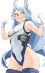  1girl :i absurdres animal_ears blue_eyes blue_hair boku_no_hero_academia clenched_hands cosplay covered_navel crescent_print fengling_(furin-jp) fur_collar gloves hadou_nejire hands_up highleg highleg_leotard highres leotard long_hair mirko mirko_(cosplay) rabbit_ears rabbit_tail simple_background skin_tight sleeveless sleeveless_turtleneck sleeveless_turtleneck_leotard solo superhero tail turtleneck turtleneck_leotard very_long_hair white_background white_gloves white_leotard 