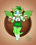  2017 :3 alcohol anthro barmaid bat beer beer_mug beverage blue_eyes bottomless bowler_hat brown_background cheek_tuft chest_tuft choker chris_sutor clothed clothing clover dust:_an_elysian_tail facial_tuft fan_character featureless_crotch female foam four_leaf_clover front_view full-length_portrait gloves_(marking) green_apron green_clothing green_hair green_hat green_headwear hair hat headgear headwear heart_tag hi_res holding_beer_mug holidays jewelry leg_markings legs_together looking_at_viewer mammal markings membrane_(anatomy) membranous_wings necklace nimbat open_mouth portrait simple_background smile socks_(marking) solo spread_wings st._patrick&#039;s_day thigh_gap tuft windchaser wings 