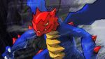  blue_skin claws colored_skin commentary_request dragon dragon_wings druddigon gradient_background highres kaeru_boiler no_humans pokemon pokemon_(creature) red_skin solo wings yellow_eyes 