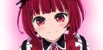  1girl ao_(korindou) arima_kana blush bob_cut closed_mouth dress hair_ornament hairpin happy idol idol_clothes inverted_bob lace light_blush looking_at_viewer oshi_no_ko pink_background red_eyes red_hair red_shirt shirt short_hair simple_background smile solo solo_focus 