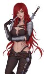  1girl artelsia artist_name breasts brown_gloves brown_pants cleavage collarbone cowboy_shot gloves green_eyes highres holding holding_knife katarina_(league_of_legends) knife large_breasts league_of_legends long_hair navel pants red_hair red_lips scar scar_across_eye simple_background solo stomach_tattoo tattoo weapon white_background 