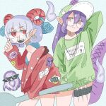  2girls clothes_writing contemporary eagle_spirit_(touhou) earrings english_text glasses hat highres holding_utensil horns jewelry multiple_girls phage_o pointy_ears purple_hair red_eyes sharp_teeth sunglasses syringe tail teeth tenkajin_chiyari touhou toutetsu_yuuma utensil 