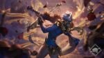  1boy blue_bow blue_jacket bow bow_(music) cowboy_shot crowd explosion facing_up flower from_side grey_pants gun hair_bow highres holding holding_gun holding_instrument holding_weapon instrument jacket jhin league_of_legends long_sleeves maestro_jhin mask official_art pants piano red_flower red_rose rose solo_focus violin weapon white_hair 