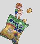  1girl api0707 bag blue_shorts brown_hair camisole food_request green_camisole grey_background looking_at_viewer medium_hair mini_person minigirl no_nose orange_socks original shirt_tucked_in shorts simple_background snack socks solo wide_shot 