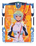  1girl alu ayanami_rei blue_hair bodysuit cowboy_shot english_commentary english_text eva_00 expressionless holding holding_polearm holding_weapon interface_headset lance lance_of_longinus_(evangelion) looking_at_viewer neon_genesis_evangelion plugsuit polearm red_eyes short_hair solo weapon white_bodysuit 